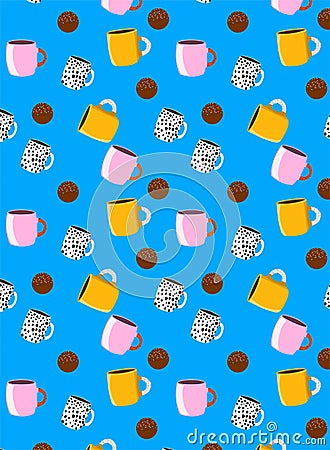 pattern with cup and chocolate bombs on a blue background Vector Illustration